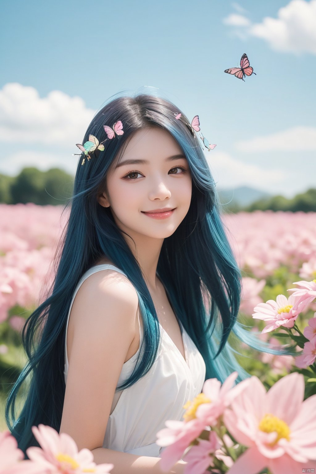 best quality, masterpiece, realistic,cowboy_shot,(Good structure), DSLR Quality,Depth of field,kind smile,looking_at_viewer,Dynamic pose, 1girl, long hair, fluttering in the wind, sitting in a sea of pink flowers, with butterflies everywhere. Butterfly headdresses, fluttering butterflies in the sky, colorful auspicious clouds, (colorful hair,  , gradient hair, long hair,),tangwutong,blue hair