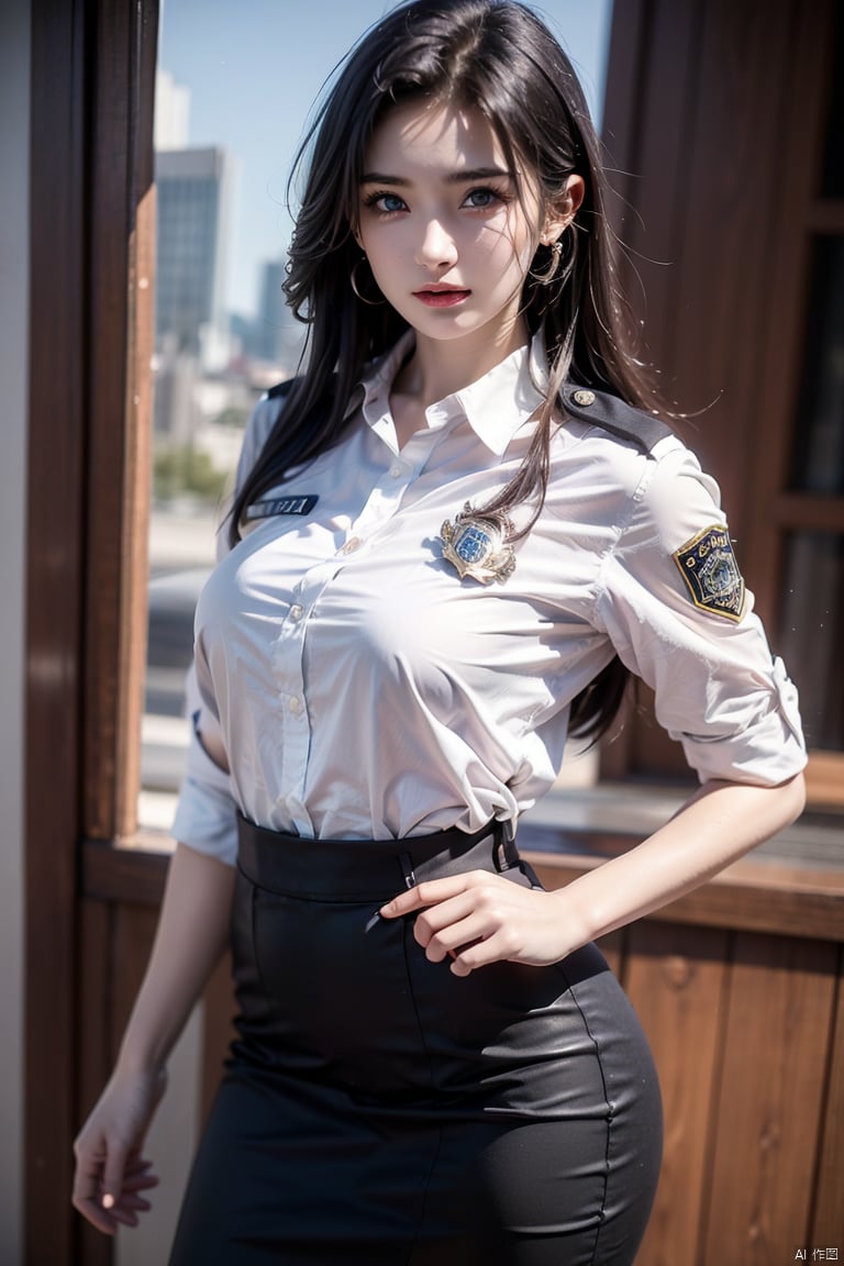 hyper realistic,realism,photo realism,masterpiece,best quality,long hair,1girl,solo,model of 22 years old woman,policewoman,police uniform,pencil skirt,blue eyes, damimi