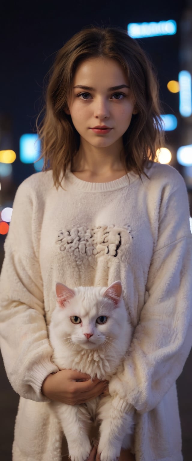 portrait, 1girl, hold a Cute cat and  wearing sheep clothes, Low light, Bad temper, Neon lights in the night city 8k