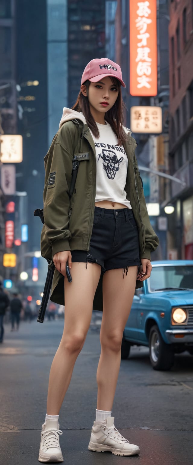 (((long legs))),８ｋ,Realistic Skin Texture、Realistic Photo、Neo Tokyo、Japanese women、Near future、ＡＤ2050、Dirty hunting jacket、Wearing multiple shirts and hoodies、Used automatic rifle、sneakers、Knit cap、、cold、Dynamic pose、Innovative composition、revenge、An old 1966 Ford Bronco that looks out of place in a city of the near future、cyber punk、、