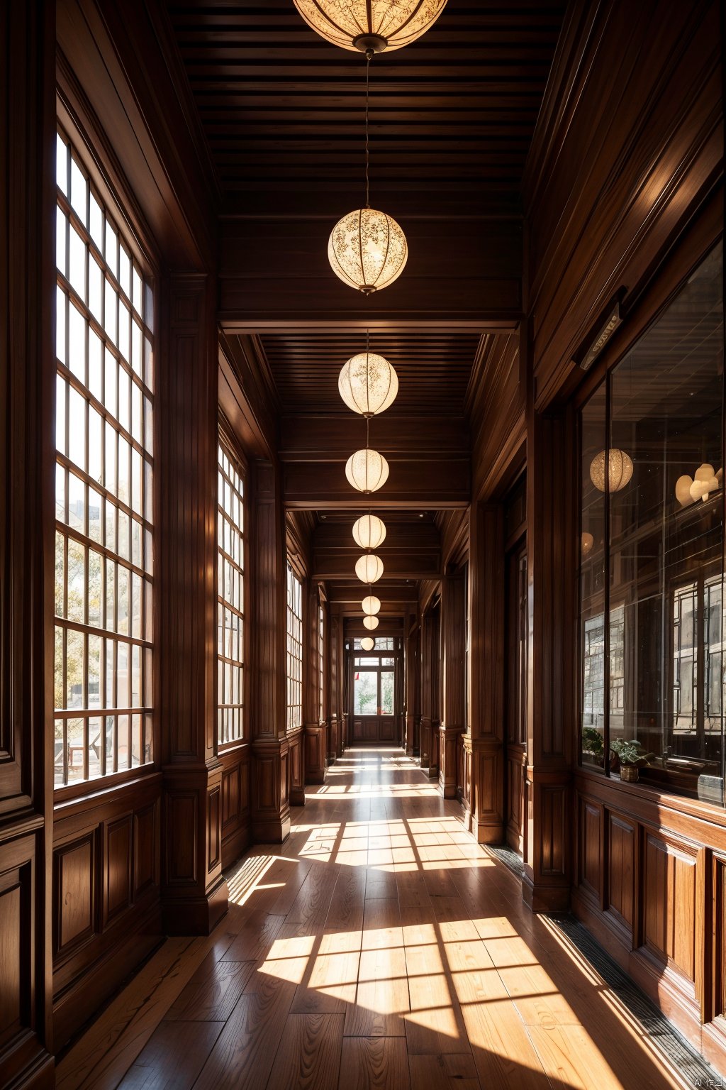 Ancient Chinese style corridor with spacious design, circular wooden columns, red wall decorations, hollow carved windows, rough stone flooring, Chinese style, vintage craftsmanship, last century architecture, ultra detailed textures, optimal proportions, 8K HD, high-resolution,  AI Chinese Style