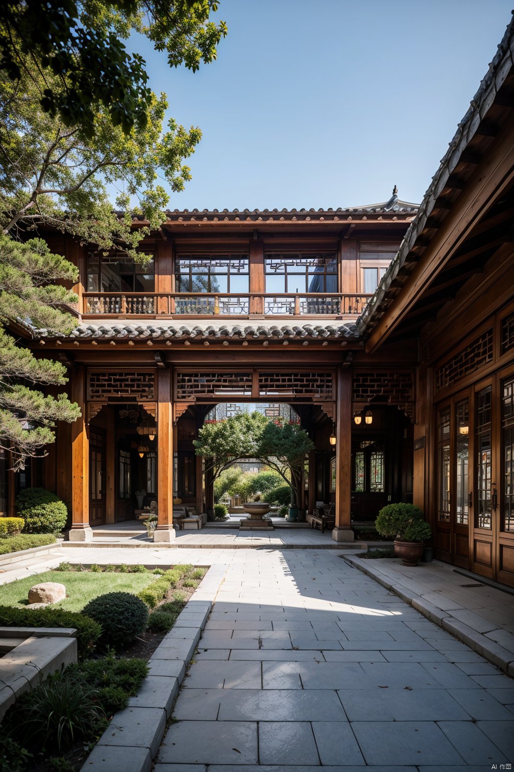 Outdoor, ancient Chinese gardens, stone decorated gardens, blue brick walls, blue tiles, circular columns, hollow wooden railings, Chinese style, ultra detailed textures, optimal proportions, 8K - HD, high-resolution,  AI Chinese Style,