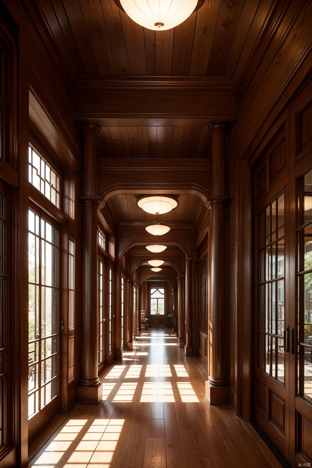 Ancient Chinese style corridor with spacious design, circular wooden columns, red wall decorations, hollow carved windows, rough stone flooring, perfect Chinese style, super detailed texture, optimal proportion, 8K - HD, high-resolution,  AI Chinese Style