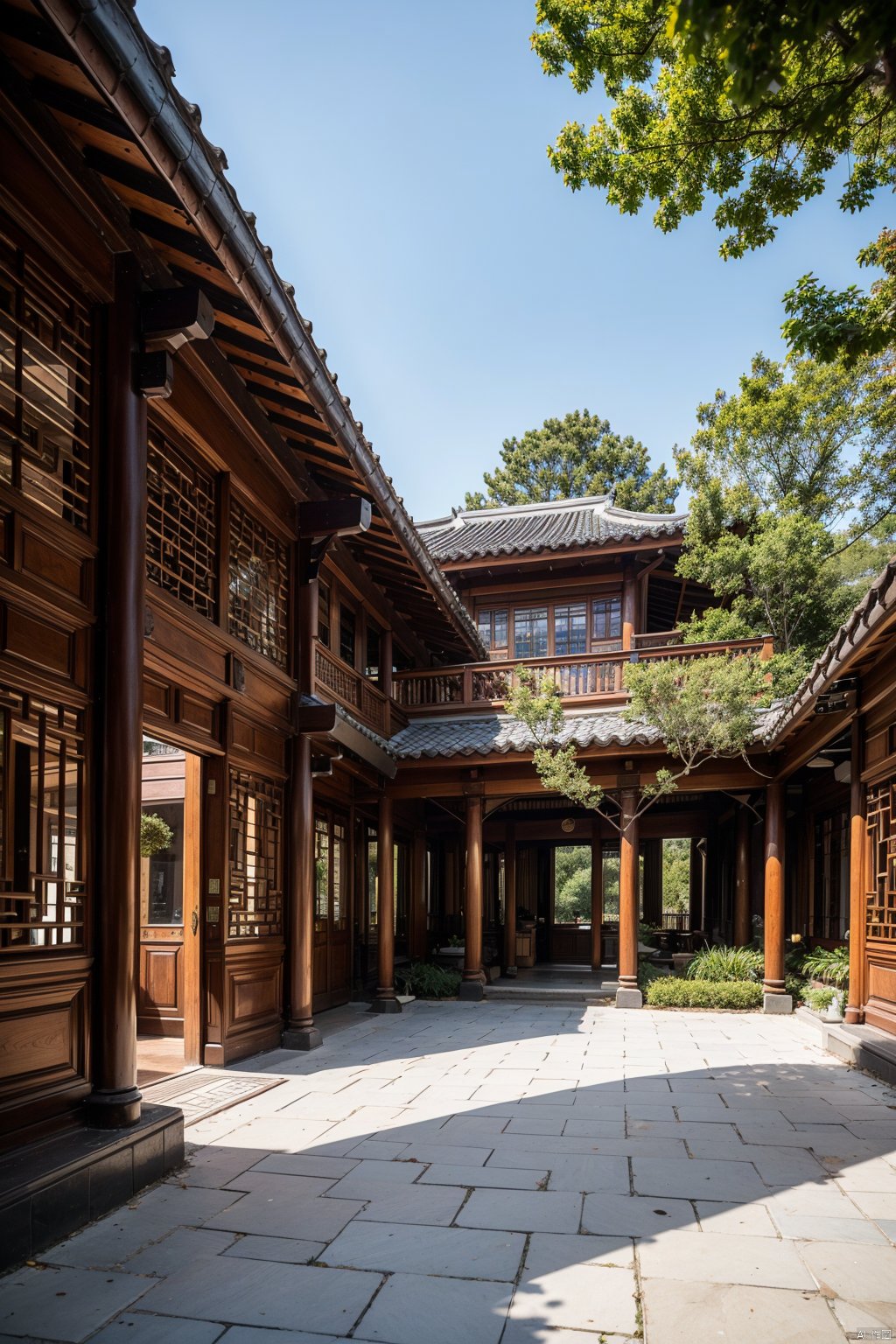 Outdoor, ancient Chinese gardens, stone decorated gardens, blue brick walls, blue tiles, circular columns, hollow wooden railings, Chinese style, ultra detailed textures, optimal proportions, 8K - HD, high-resolution,  AI Chinese Style,