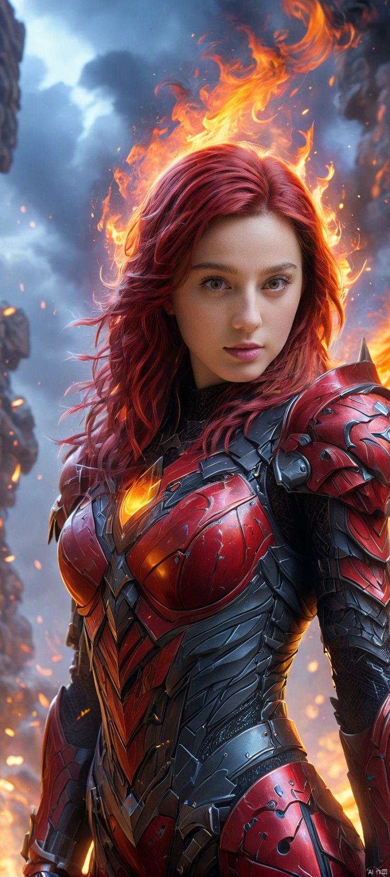 1 girl, Flame body, masterpiece, top quality,phoenix dark is x-men, beautiful and aesthetic:1.2, (1girl:1.3), (full body:1.5),red suitbody ,looking at viewer,fire hair, extreme detailed,(fire hands:1.5),fire,smoke,goddess, detailed, detail fingers, detail face, masterpiece,ultra realistic,32k,extremely detailed CG unity 8k wallpaper, best quality, Cinematic photography, movie mood, cinematic light, compelling composition, storytelling elements, conveys emotion, mood, and narrative depth, creating visually striking images that feel like still frames from a film, Cinematic portrait photography, capture subject in a way that resembles a still frame from a movie, cinematic lighting, story, narrative quality, drawing viewers into the scene and evoking a sense of cinematic immersion, capturing emotion, professional, engaging, compelling composition, night photography, nocturnal beauty, city lights, starry skies, celestial wonders, moonlit landscapes, urban glow, capturing the essence of darkness, ethereal atmosphere, dramatic shadows, magical ambiance, long exposure techniques, expert use of light sources, Heavenly Breasts,COLORFUL GRADIENT,score_9_up score_8_up score_7_up,DAMIMI,Spear and Shield,UTASHIMADG fishnets mecha leotard armor, HKMAGIC,Wearing fist gauntlets, HKSTYLE,MECHA ANGEL SOLDIER