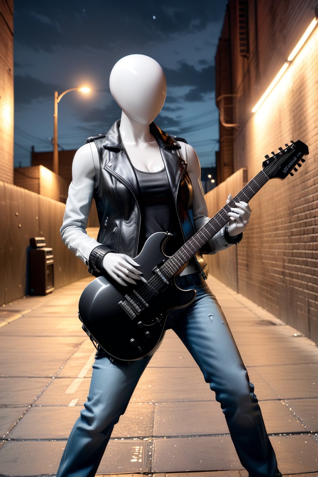 faceless egghead cyber punk mannequin in a leather jacket, tank top and jeans, playing electric guitar, medium shot, gothic atmosphere lighting, dak night alley background, perfect hands, Mannequin, photorealistic, hyper detailed, 8K, masterpiece,gotohdef