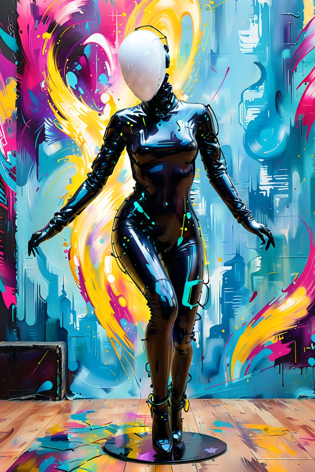 a magnificent digital painting of cyber punk mannequin faceless egghead caught in an exotic and wild dance against an abstract background. Use a vivid color palette to bring out the intensity of the scene. Capture the energy and flamboyance of mannequin's dance moves, making it an unforgettable piece of AI art.