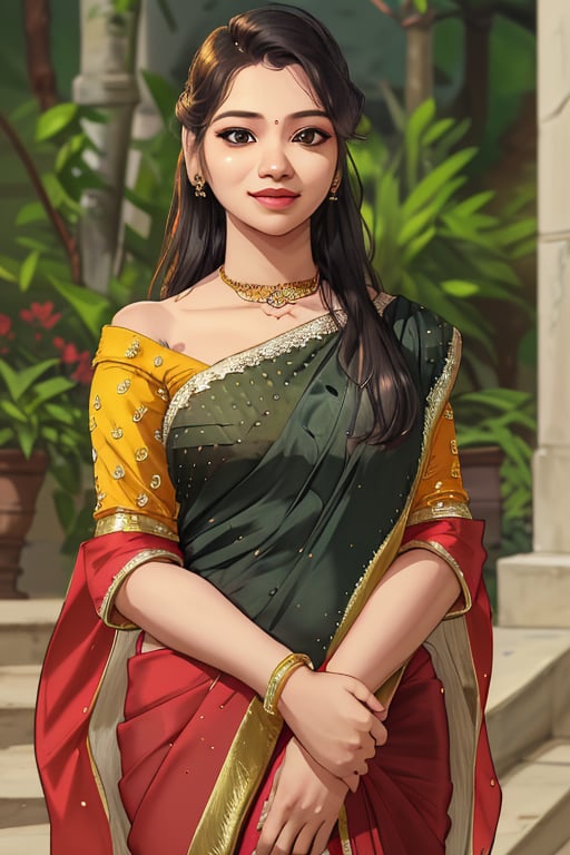 women, beautiful,detailed face ,smiling , sari ,off shoulder blouse ,sposing for picture,realistic , masterpiece , detailed, high res,2k,Masterpiece