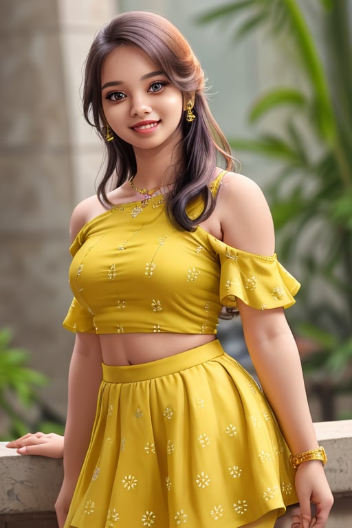 women, beautiful, ,detailed face ,smiling , yellow top ,cold shoulder , 2piece dress ,short skirt ,posing for picture, , masterpiece , detailed, high res,2k,Masterpiece