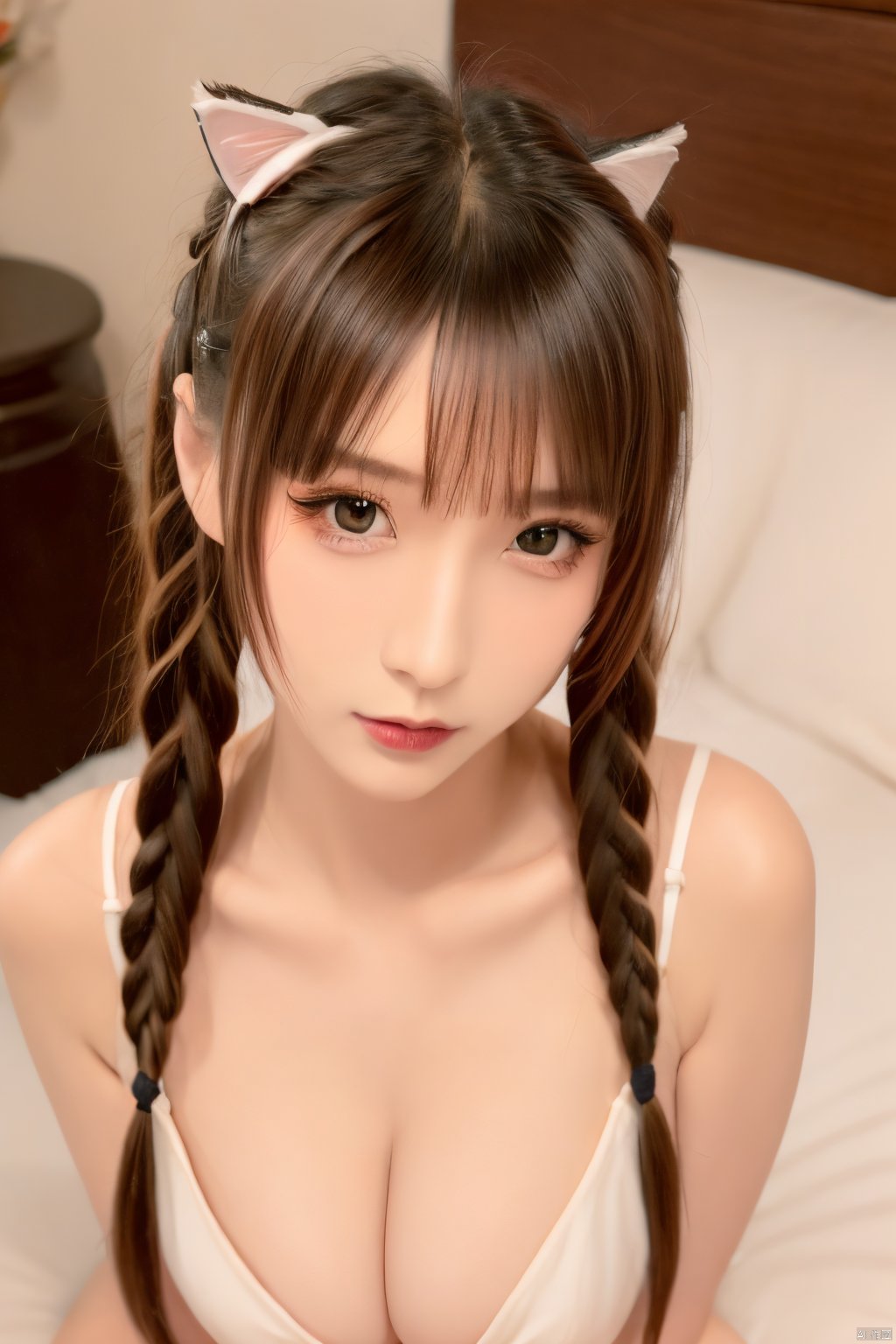 TT, 1girl, solo, animal ears, brown hair, cat ears, cleavage, fake animal ears, breasts, looking at viewer, lying, bangs, twintails, realistic, lips, brown eyes