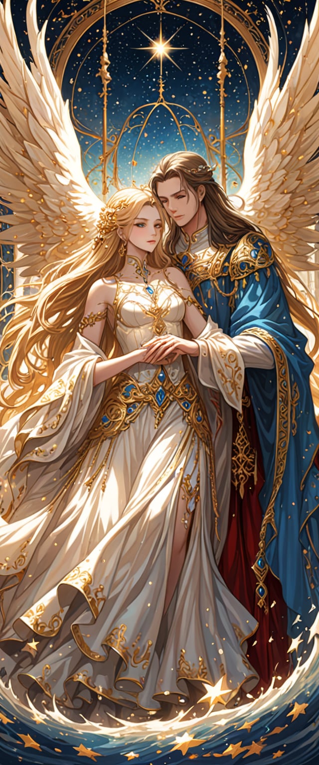 An exquisite and enchanting portrayal of a divine couple, symbolizing the concept of "Immortal Lovers." This oil painting captures the essence of their celestial love and immortal bond. The scene depicts a radiant goddess with flowing golden hair and a celestial gown adorned with shimmering stars. Her eyes sparkle with wisdom and compassion. Beside her stands a majestic god, his regal robe draped with intricate patterns, representing his divine power. His gaze is filled with admiration and devotion. The color palette is rich and vibrant, with hues of gold and celestial blue, evoking a sense of awe and wonder. The lighting highlights their divine glow, creating an ethereal atmosphere. The overall result is a mesmerizing and culturally rich portrayal of a mythical couple, capturing the timeless beauty of immortal love in a style reminiscent of traditional Chinese art.