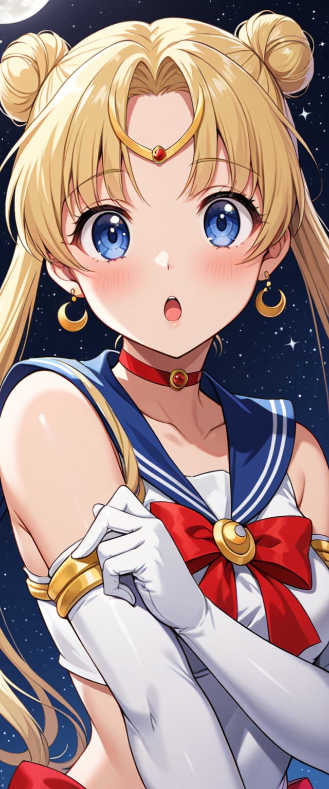 masterpiece, best quality, , 1girl, sailor moon, solo, sailor senshi uniform, tsukino usagi, blonde hair, long hair, blue eyes, gloves, sailor collar, twintails, blue sailor collar, jewelry, red choker, white gloves, earrings, hair bun, choker, double bun, red bow, upper body, bow, crescent, magical girl, open mouth, crescent earrings, elbow gloves, crescent moon, meme, moon, :o, circlet, bangs, looking at viewer,