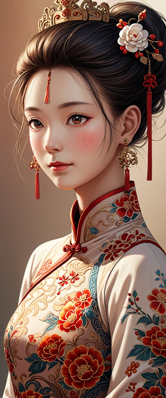 Realistic,Traditional Chinese female portrait,delicate facial features,youthful woman,intricate hair adorned with floral accessories,rosy cheeks,slender neck,wearing an ornate qipao with elaborate embroidery,vibrant warm hues,cultural attire signifying elegance and status,serene and graceful demeanor,adorned with understated drop earrings,clear attention to textile patterns and jewelry details,soft pastel background complementing the subject's gentle visage,artistic inspiration likely drawn from historical Chinese paintings or modern reinterpretations thereof,volumetric lighting, depth of field, cinematic, vibrant, shadows, detailed ,