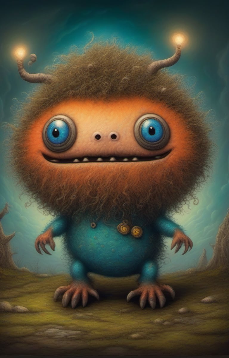 creatures fantastic. Inovador Cute and happy monster. magical and Festive Atmosphere. Bold thick borders., cycling. Vibrant colors. In the center of the page. Full complete body., in the style of esao andrews,moonster