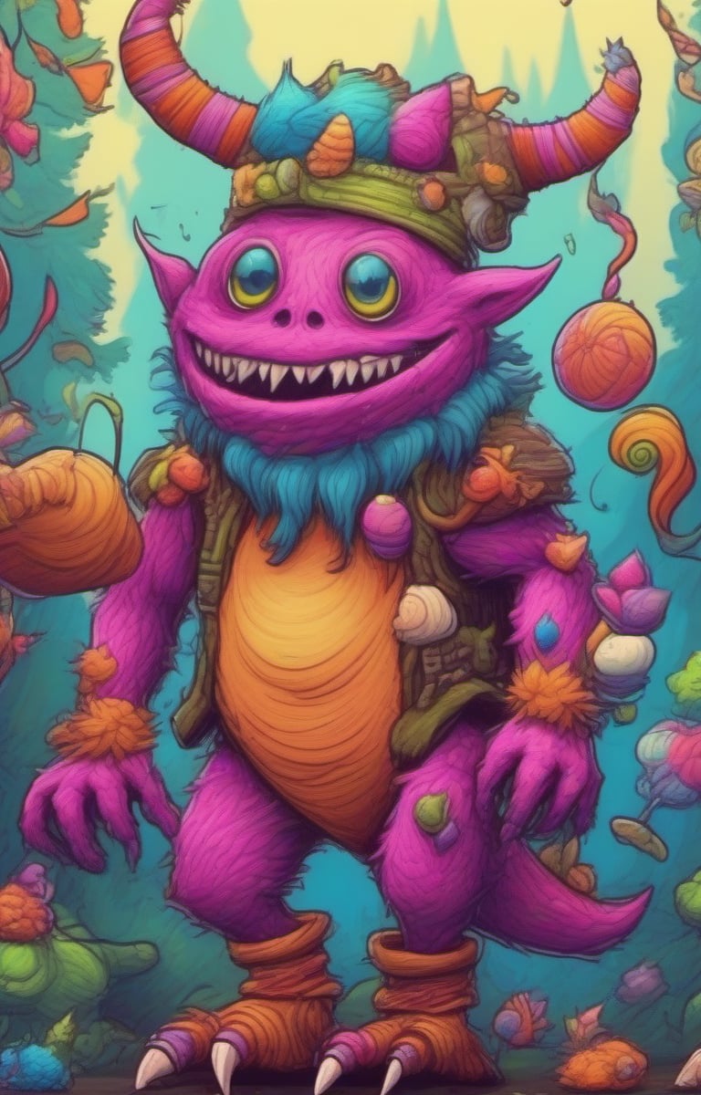 creatures fantastic. Inovador Cute  monster. magical and Festive Atmosphere. Bold thick borders., cycling. Vibrant colors