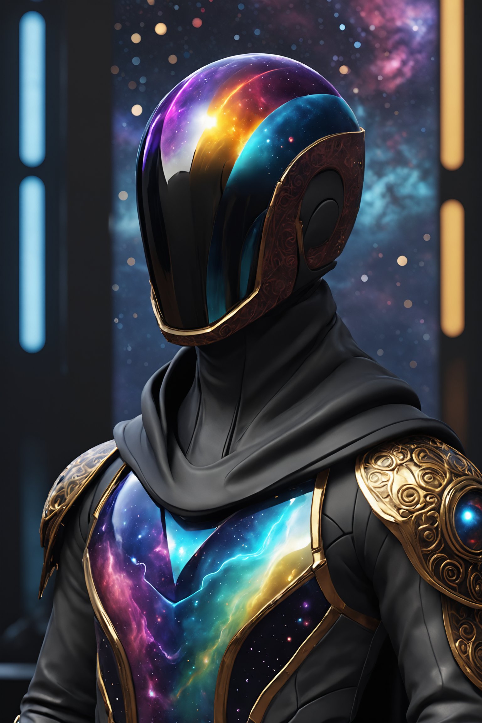 ParallelObserver, (colorgalaxy reflected on a reflexive helmet), metalic rim detailed helmet, 1boy, (leather long coat), scarf, [Renaissance themed], fantasy, front-view, upperbody, detailed, 3d render, unreal engine, colorgalaxy,disney pixar style