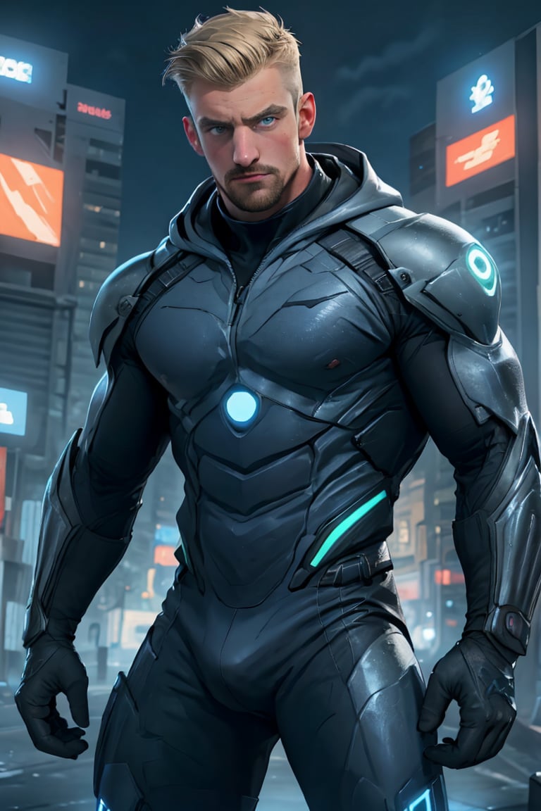beware the dangerous robbierobbie wearing rendered uniform with hood and correctly wielding a handgun, he his him is perfectly-shaped, darkmatteblonde facialhair, big blue eyes, tall, a bit strong , more attractive than sexy, night, star lit sky, English, on top of a neon clocktower, future, masterpiece
