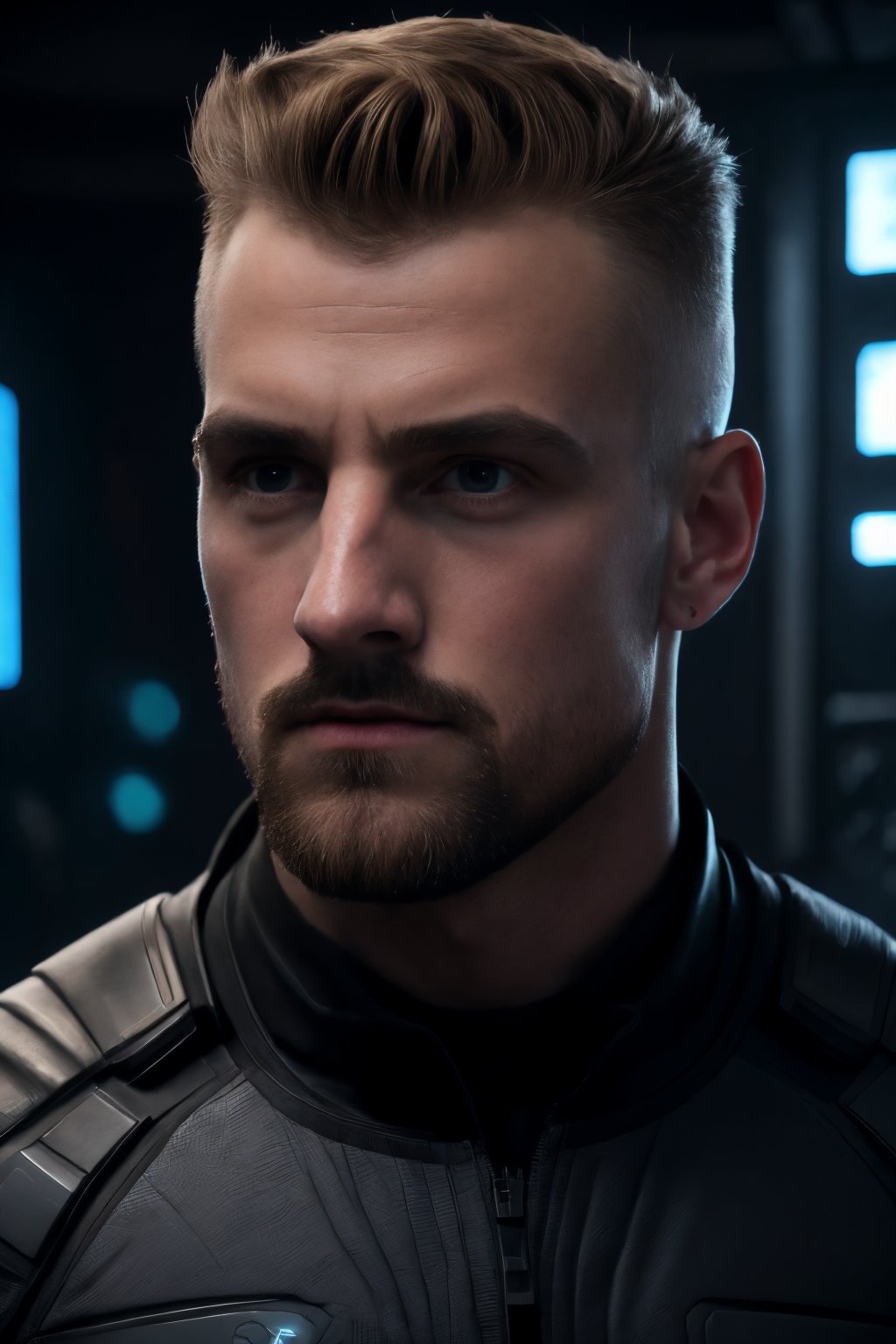 professional realistic 3d, my favorite perfectly-shaped handsome masculine manly male darkblonde facial hair English man, (wearing well-rendered fully clothed realistic ultra large male ((red)) cybernetic armor on, led implants, cyborg legs, cross-walking in style inside space station, ultra futuristic, science fiction, future:1.2), handsome well-drawn realistic masculine male large hands with well-drawn large fingers, (extreme ACTIONVFX for holographic effects and red armor), extremely symmetric well-shaped male person, intricate male hair head face eyes, smooth clear clean professional rendered in Arnold exceptional masterpiece, the very best highres highquality CG unit WALLPAPER in UHD in 600dpi printed in glossy paper, symmetry, intricate male head face eye, extreme softglow effect, best (Renderman Engine) very high, highres image scan, associated press, CGISociety contest winner, WE LOVE r0bbier0bbie!,HIGHLY DETAILED