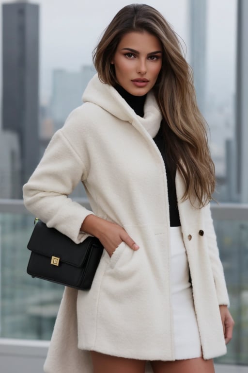 Hyperrealistic photo of Yasmin Brunet, realistic face, realistic eyes, wearing a white oversized wool coat, a black cashmere scarf, and a black leather skirt.  The look is completed with high-heeled brown leather boots and a black leather bag. She is in a cozy and sophisticated setting, with natural lighting and an urban background. Her long, dark hair falls over her shoulders, while her brown eyes shine with an intense and confident gaze. Cinematic style. 