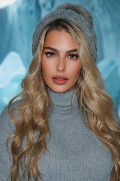 Hyper-realistic photo of Yasmin Brunet, realistic face, realistic eyes, a cinematic, highly realistic and detailed image of Yasmin Brunet in an ice cave, wearing a thick turtleneck wool sweater and a thick coat lined with fully enclosed fur, a warm woolen scarf, a fur hat covering the ears and forehead, and thick, warm mittens. Yasmin Brunet is exploring ice formations with a flashlight, aimed directly at the viewer. The scene should have crisp, clear details with a cool blue glow. Cinematic style.