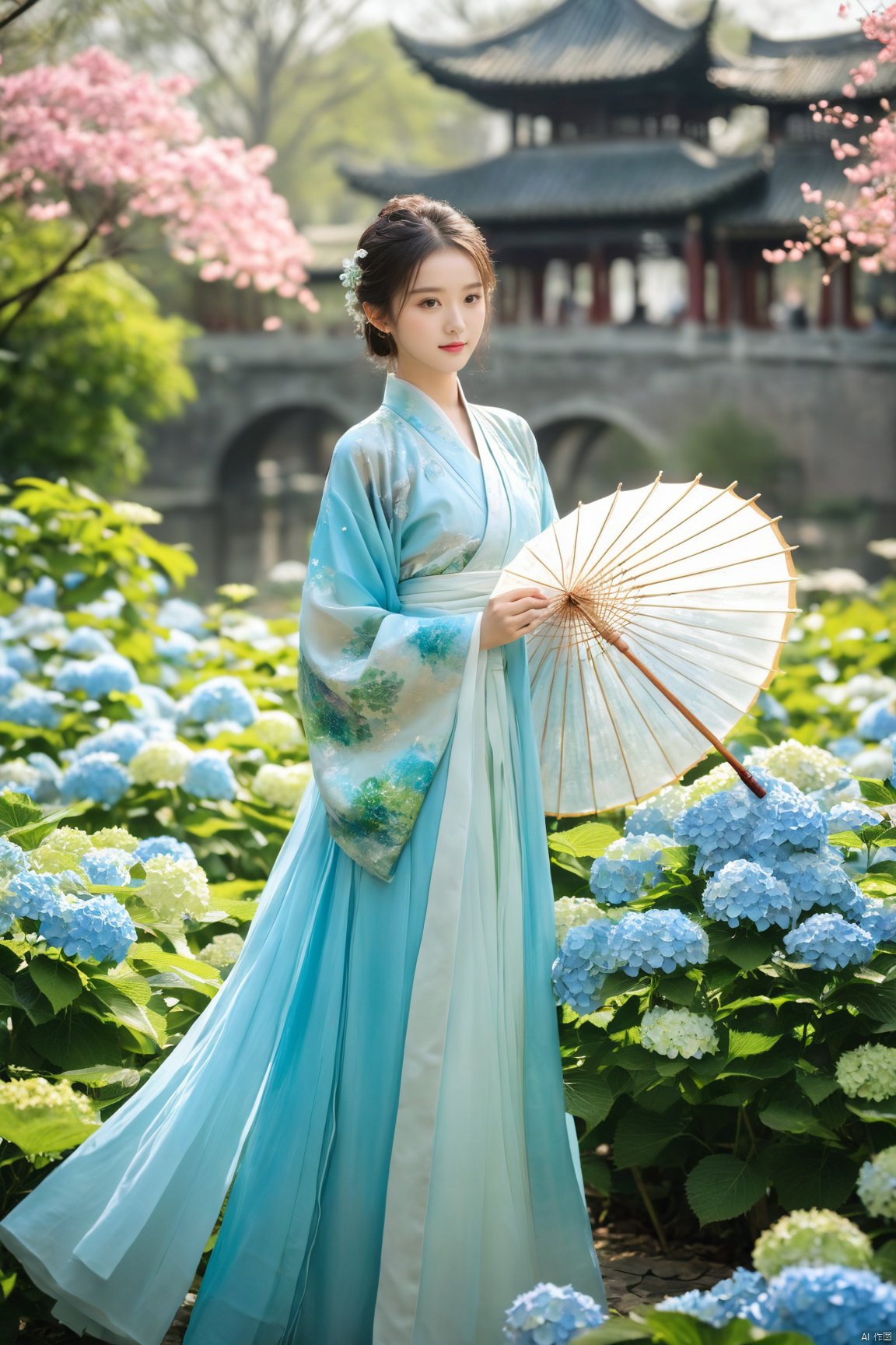  1girl,front,mottledsunlight,hydrangea flowers field,photoparticle,refracted light,light particles,sparkle,backlighting,hydrangea flower,china dress\(haihang\),lingxing, (big breasts:1.6),(Ancient Chinese architecture, Suzhou gardens, gardens full of flowers:1.3), X-Hydrangea, Oil-paper umbrella, song_hanfu, desert_sky, NaGongWan