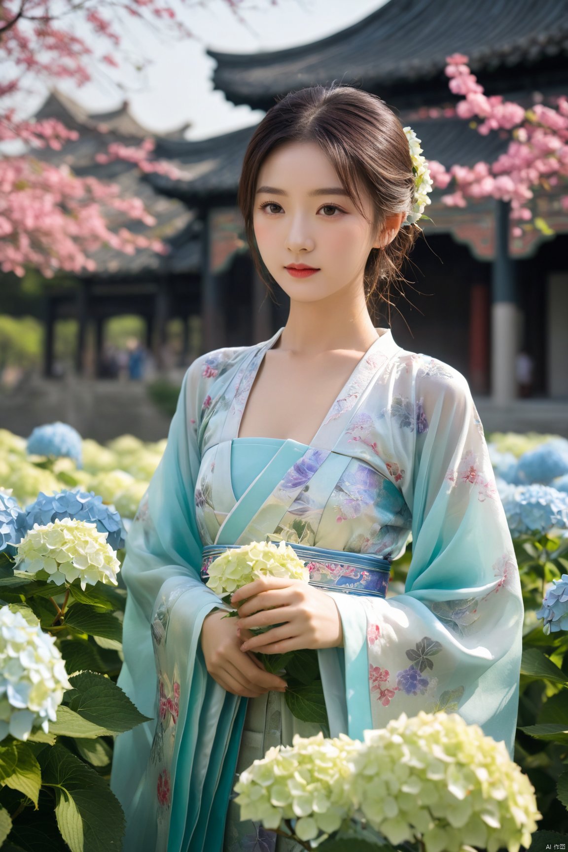  1girl,front,mottledsunlight,hydrangea flowers field,photoparticle,refracted light,light particles,sparkle,backlighting,hydrangea flower,china dress\(haihang\),lingxing, (big breasts:1.99),(Ancient Chinese architecture, Suzhou gardens, gardens full of flowers:1.3), X-Hydrangea, song_hanfu, desert_sky, NaGongWan