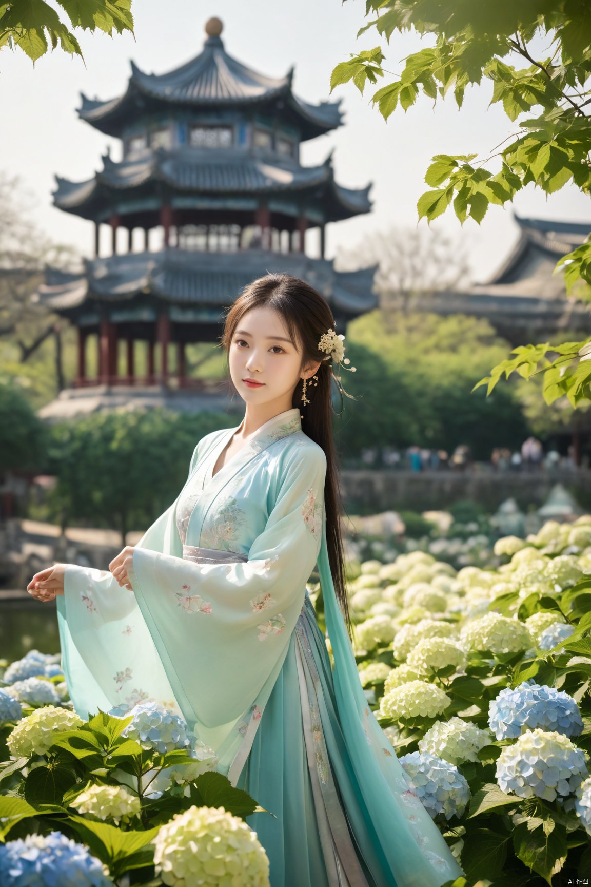  1girl,front,mottledsunlight,hydrangea flowers field,photoparticle,refracted light,light particles,sparkle,backlighting,hydrangea flower,china dress\(haihang\),lingxing, (big breasts:1.99),(Ancient Chinese architecture, Suzhou gardens, gardens full of flowers:1.3), X-Hydrangea, song_hanfu, desert_sky, NaGongWan