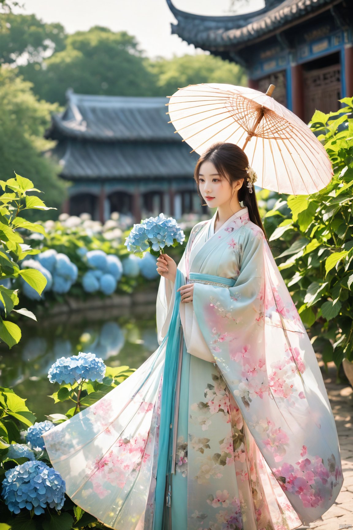  1girl,front,mottledsunlight,hydrangea flowers field,photoparticle,refracted light,light particles,sparkle,backlighting,hydrangea flower,china dress\(haihang\),lingxing, (big breasts:1.6),(Ancient Chinese architecture, Suzhou gardens, gardens full of flowers:1.3), X-Hydrangea, Oil-paper umbrella, song_hanfu, desert_sky, NaGongWan