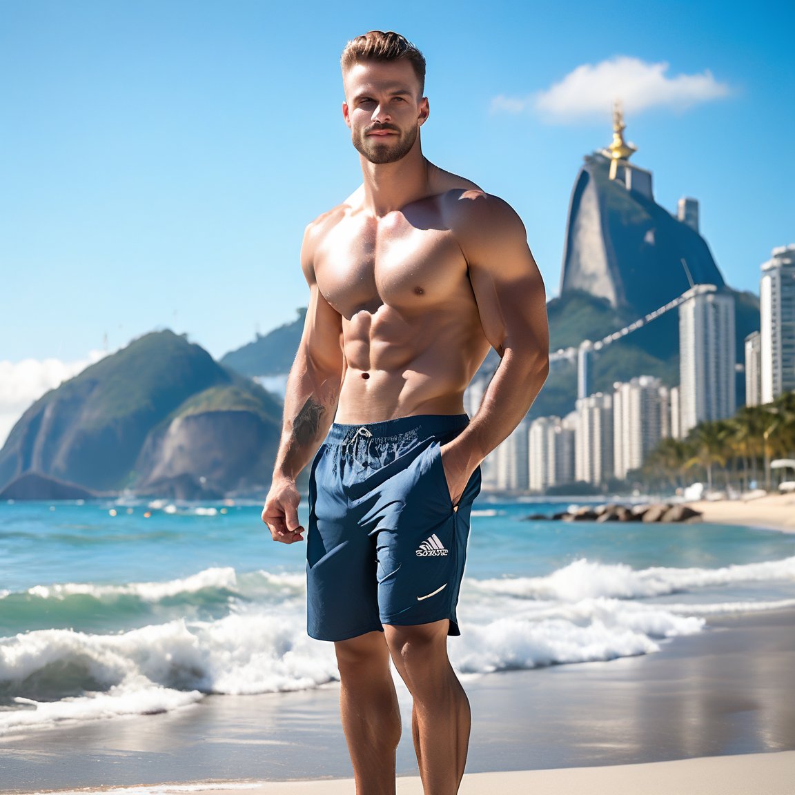 score_9, score_8_up, male focus, realistic head and body editorial photo shot firm focused on Jaeggernawt, a 25-year-old muscular manly man with a chiseled physique, stands confidently on the beach in Rio de Janeiro, Brazil. His intense gaze directly addresses the viewer as he crosses the shore, his brown hair blowing gently in the breeze. The softglow effect highlights his muscular frame, showcased by his broad shoulders and thick arms. He wears large summer shorts, he side-stands while beefy posing for editorial shot. A majestic tropical mountain looms in the distance, topped with the iconic Christ the Redeemer statue. In the foreground, the reflective sea meets the vibrant sky, creating a stunning composition. The image is captured using a Leica camera, with a 16k resolution and film grain effect. Jaeggernawt's facial expression exudes confidence and masculinity, his bright brown eyes seeming to pierce through the viewer. His athletic build is accentuated by his well-defined arms, torso, feet out of frame. A professional photorealism style maintains the high level of detail in every aspect of this stunning image, from the texture of his skin to the intricate design on his tattoos. photo, rating_safe,
