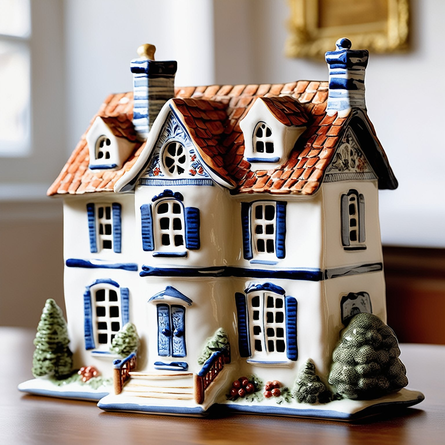 A beautifully crafted ceramic or porcelain figurine of a house