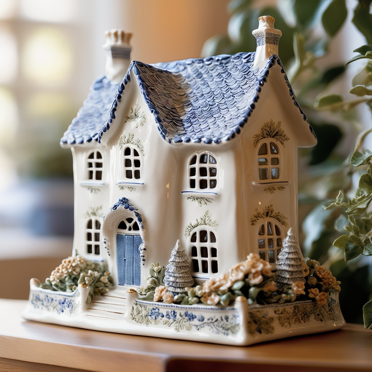 A beautifully crafted ceramic or porcelain figurine of a house