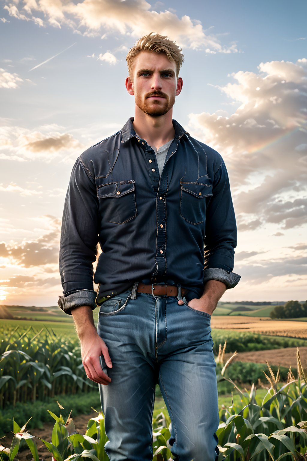 R0bbi3r0bbi3, a charming muscular tall English farmer in his late 20s, stands tall, gazing afar at the breathtaking sunset over rolling farming fields. Golden hour casts a warm glow on his rugged features: messy short hair, blonde facial hair, striking blue eyes, and a strong jawline. He wears a well-rendered red flannel with patterns, worn jeans, and heavy boots, giving off a rustic charm. His large hands:1.2, shaped by hard labor, gently grasp the rim of a worn hat as he surveys his picturesque landscape. In the soft-focused background, a motion-blurred corn cropfield stretches out, while the vibrant sky above is dotted with a rainbow, adding to the sense of serenity. The 100mm lens captures every detail, from the texture of his boots to the subtle sheen on his skin, as if frozen in time by Leica's renowned glass. A hint of film grain adds depth and authenticity to this cinematic still, evoking a sense of nostalgia and wonder.