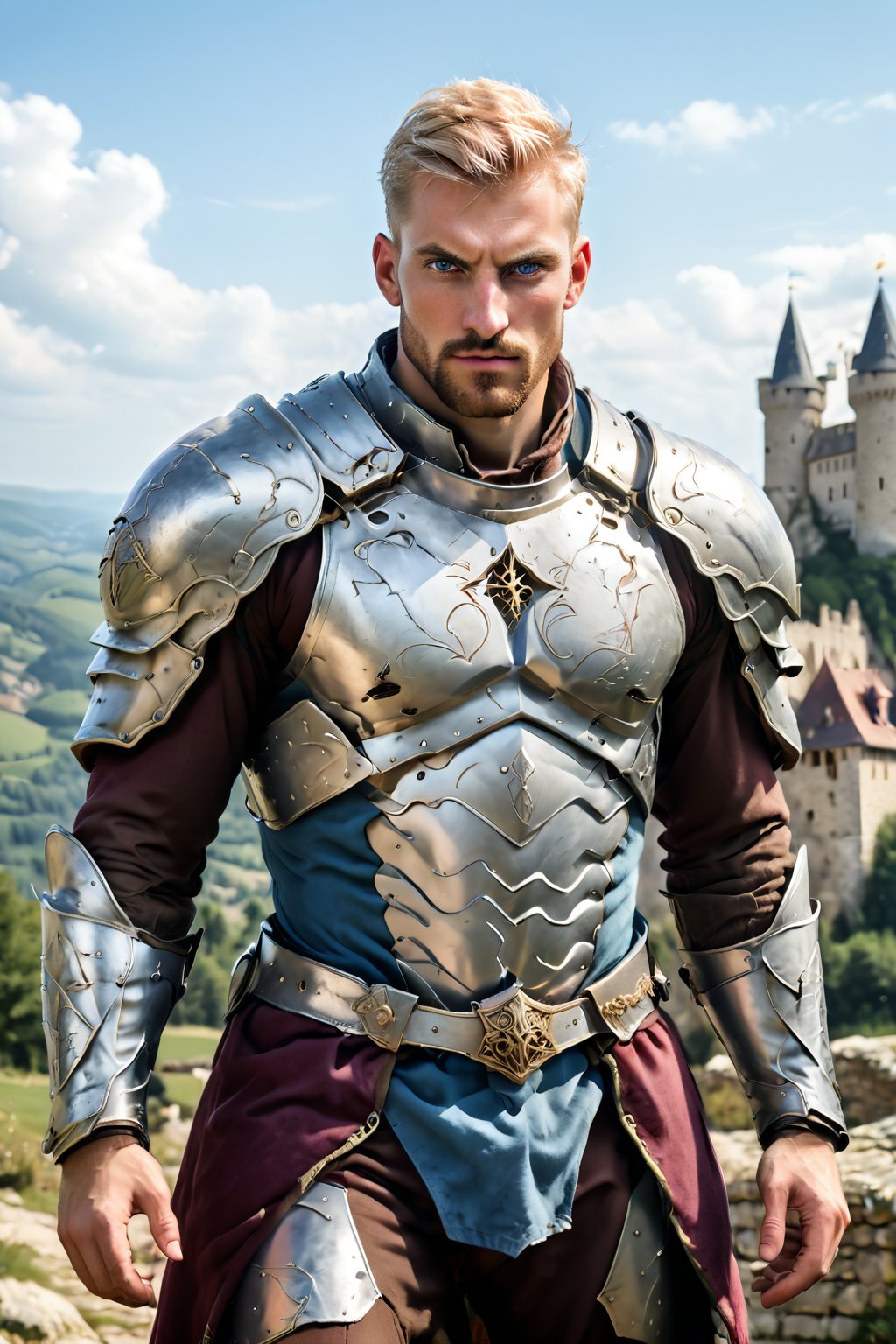 (truly medieval fantastic realism style, ancient, medieval theme:1.2), medieval masculine paladin male r0bbi3r0bbi3 realistic actor roleplaying as the medieval knight Quantum Crusader in the razed medieval kingdom: A dynamic shot of well-shaped realistic masculine r0bbi3r0bbi3 male actor person, clad in fully clothed white and dark-red medieval heropaladinwear, one hand in extremely perfectly-shaped realistic accurate gesture perspective anatomy matching scene, healthy, jovial, 27yearold, stands heroically amidst a swirling vortex of blue and purple energy. His pale skin glistens with a subtle sheen as he gazes intently into the distance, striking blue eyes, prominent cheekbones accentuating his determined expression. Short blonde hair is tousled by the temporal distortions surrounding him. Muscular physique rippling beneath his costume, r0bbi3r0bbi3's pose exudes confidence and strength. The background features a medieval fantasy kindgom landscape in disarray, trees medievalhourse castles structures warped and distorted as if torn from different eras of time, with the Quantum Crusader standing steadfast against the chaos.,r0bbi3r0bbi3