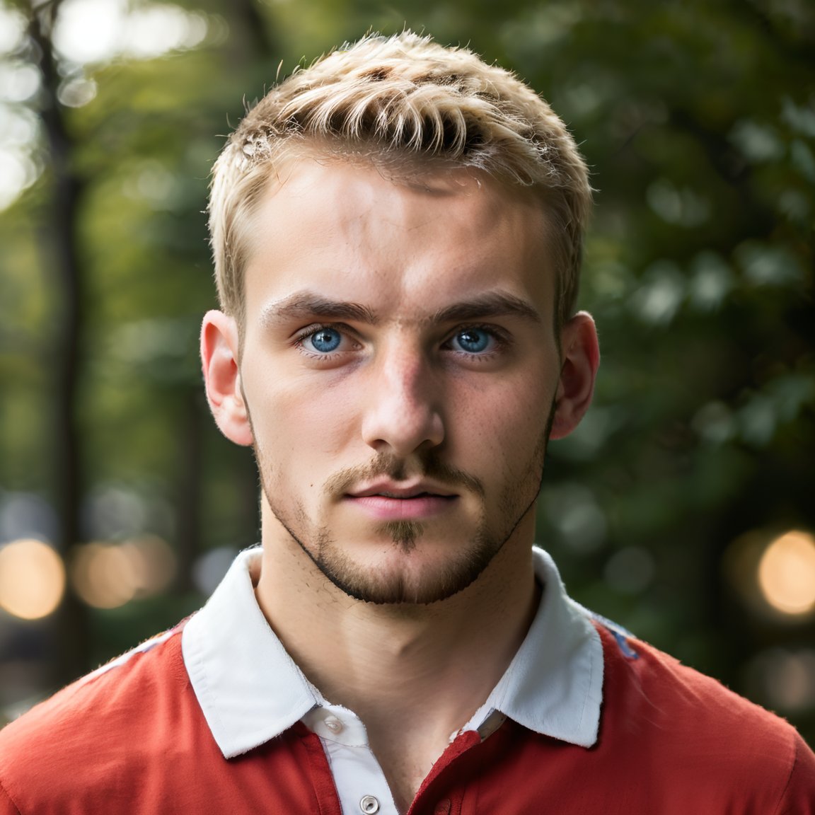 Here's a prompt for a professional head portrait of r0bbi3r0bbi3:

Frame a sharp, close-up portrait of r0bbi3r0bbi3, a 27-year-old Englishman with messy short hair and blonde facial hair. He wears a well-fitting red and white collared polo shirt that accentuates his broad shoulders. His striking blue eyes are the focal point, with thick blonde eyebrows that add to his rugged charm. Softly glowing light, reminiscent of a Leica 85mm lens, casts a warm ambiance on his face, eliminating shadows and emphasizing his smooth features. The background is blurred into a picturesque bokeh, allowing the subject's masculinity to take center stage.