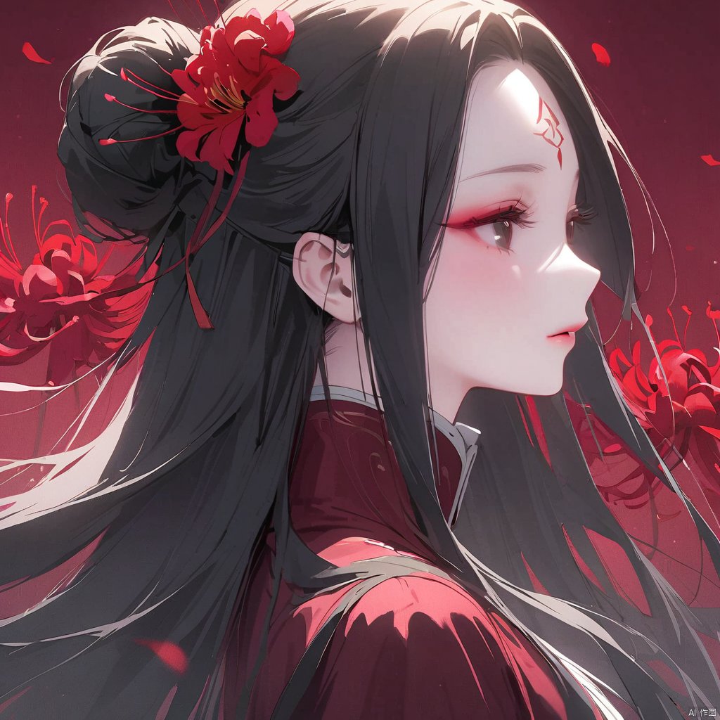 1girl, solo, long hair, black hair, hair ornament, ribbon, upper body, flower, hair flower, hair bun, black eyes, from side, petals, eyelashes, makeup, facial mark, red flower, high collar, forehead mark, spider lily