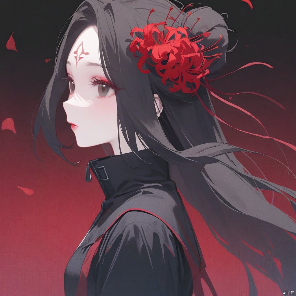 1girl, solo, long hair, black hair, hair ornament, ribbon, upper body, flower, hair flower, hair bun, black eyes, from side, petals, eyelashes, makeup, facial mark, red flower, high collar, forehead mark, spider lily