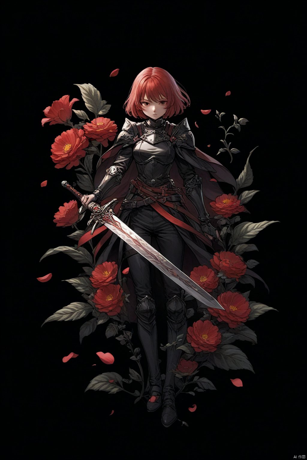 1girl, solo, weapon, flower, sword, petals, no humans, black background, red theme, still life