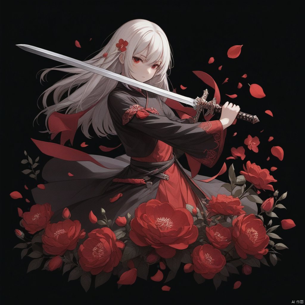 1girl, solo, weapon, flower, sword, petals, no humans, black background, red theme, still life,red background,white_hair