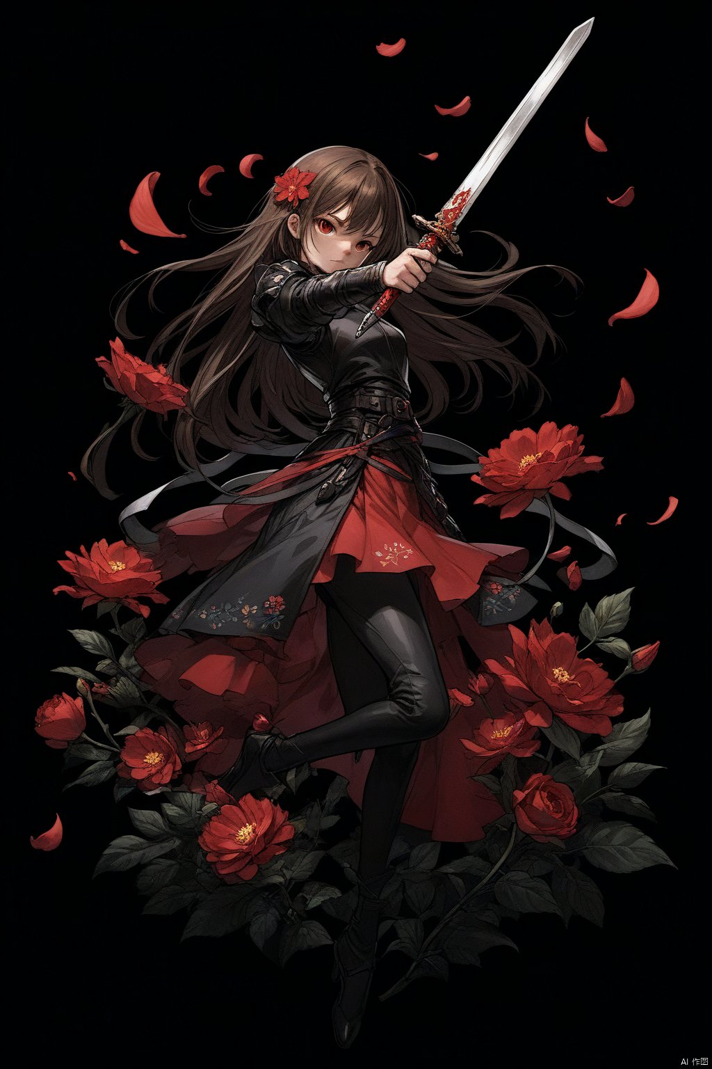 1girl, solo, weapon, flower, sword, petals, no humans, black background, red theme, still life