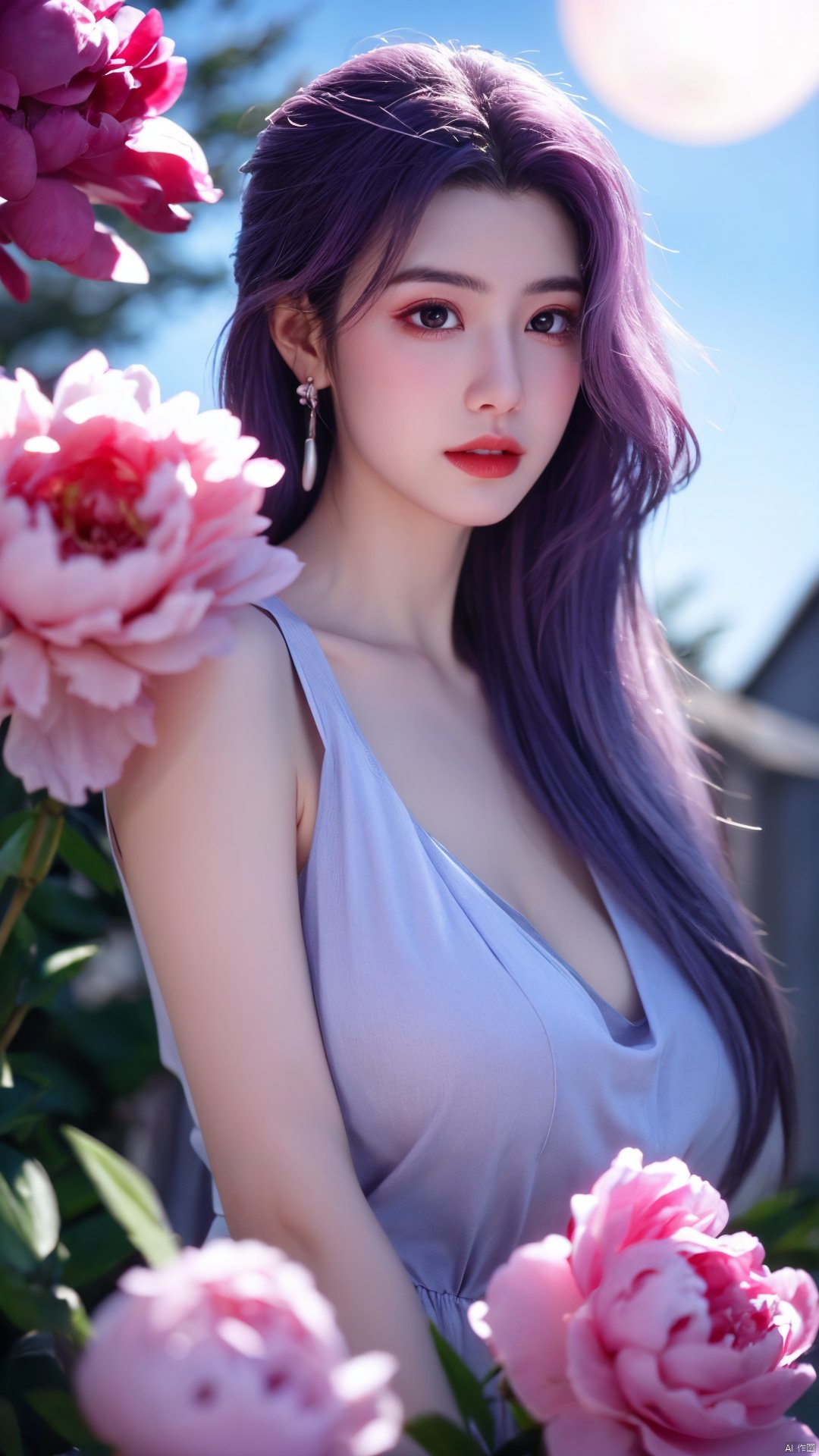  (best quality,masterpiece),Yunxiao_Fairy,1girl,solo,long hair,looking at viewer,jewelry,closed mouth,purple eyes,upper body,purple hair,earrings,blurry,blurry background,sunlight,red lips,(big breasts:1.39),(Peony,full moon:1.39),