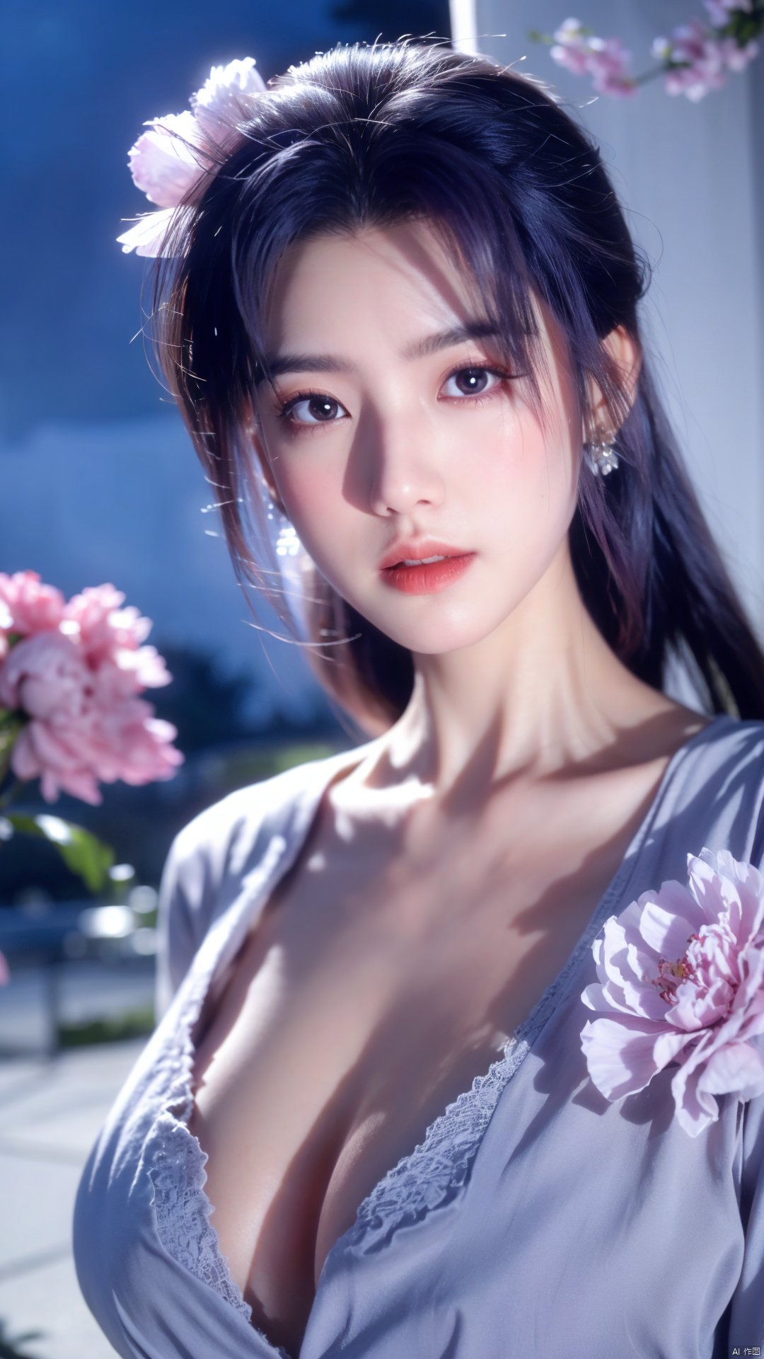  (best quality,masterpiece),Yunxiao_Fairy,1girl,solo,long hair,looking at viewer,jewelry,closed mouth,purple eyes,upper body,purple hair,earrings,blurry,blurry background,sunlight,red lips,(big breasts:1.39),(Peony,full moon:1.39),