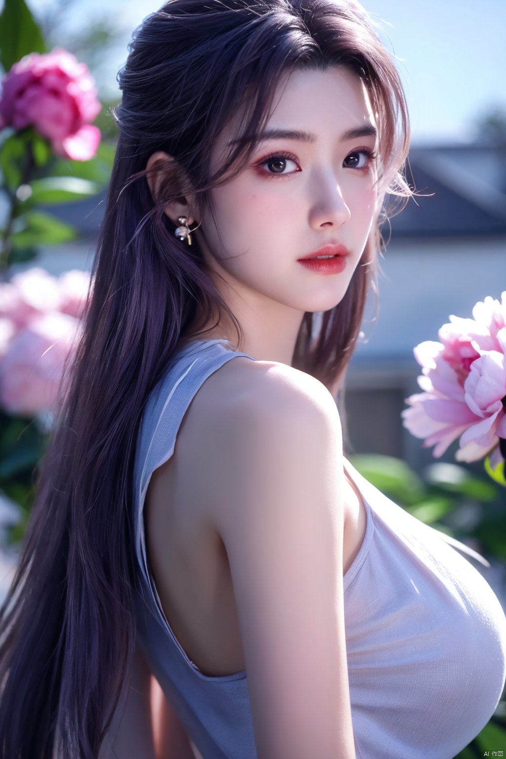  best quality,masterpiece,Yunxiao_Fairy,1girl,solo,long hair,looking at viewer,jewelry,closed mouth,purple eyes,upper body,purple hair,earrings,blurry,blurry background,sunlight,red lips,(big breasts:1.39),(Peony,full moon:1.29),