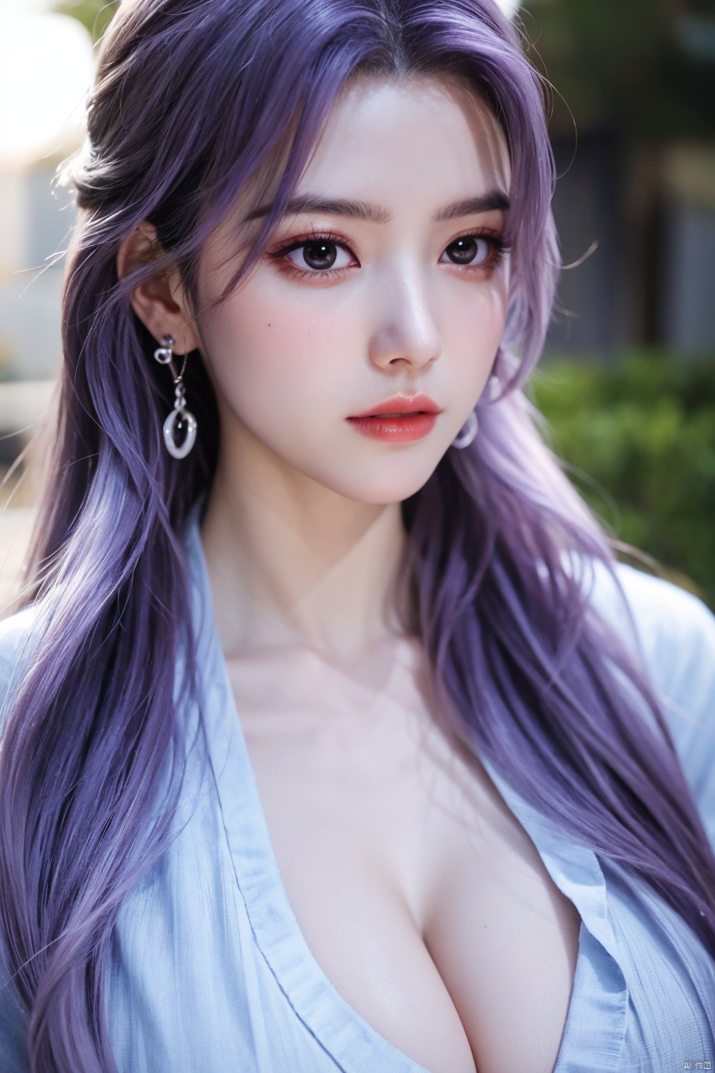  best quality,masterpiece,Yunxiao_Fairy,1girl,solo,long hair,looking at viewer,jewelry,closed mouth,purple eyes,upper body,purple hair,earrings,blurry,blurry background,sunlight,red lips,(big breasts:1.39)