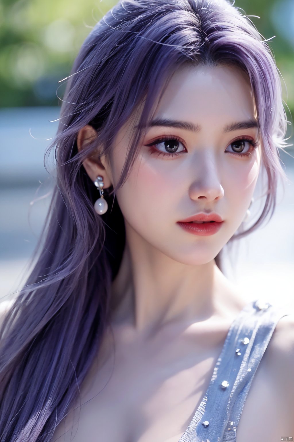  best quality,masterpiece,Yunxiao_Fairy,1girl,solo,long hair,looking at viewer,jewelry,closed mouth,purple eyes,upper body,purple hair,earrings,blurry,blurry background,sunlight,red lips,(big breasts:1.39)