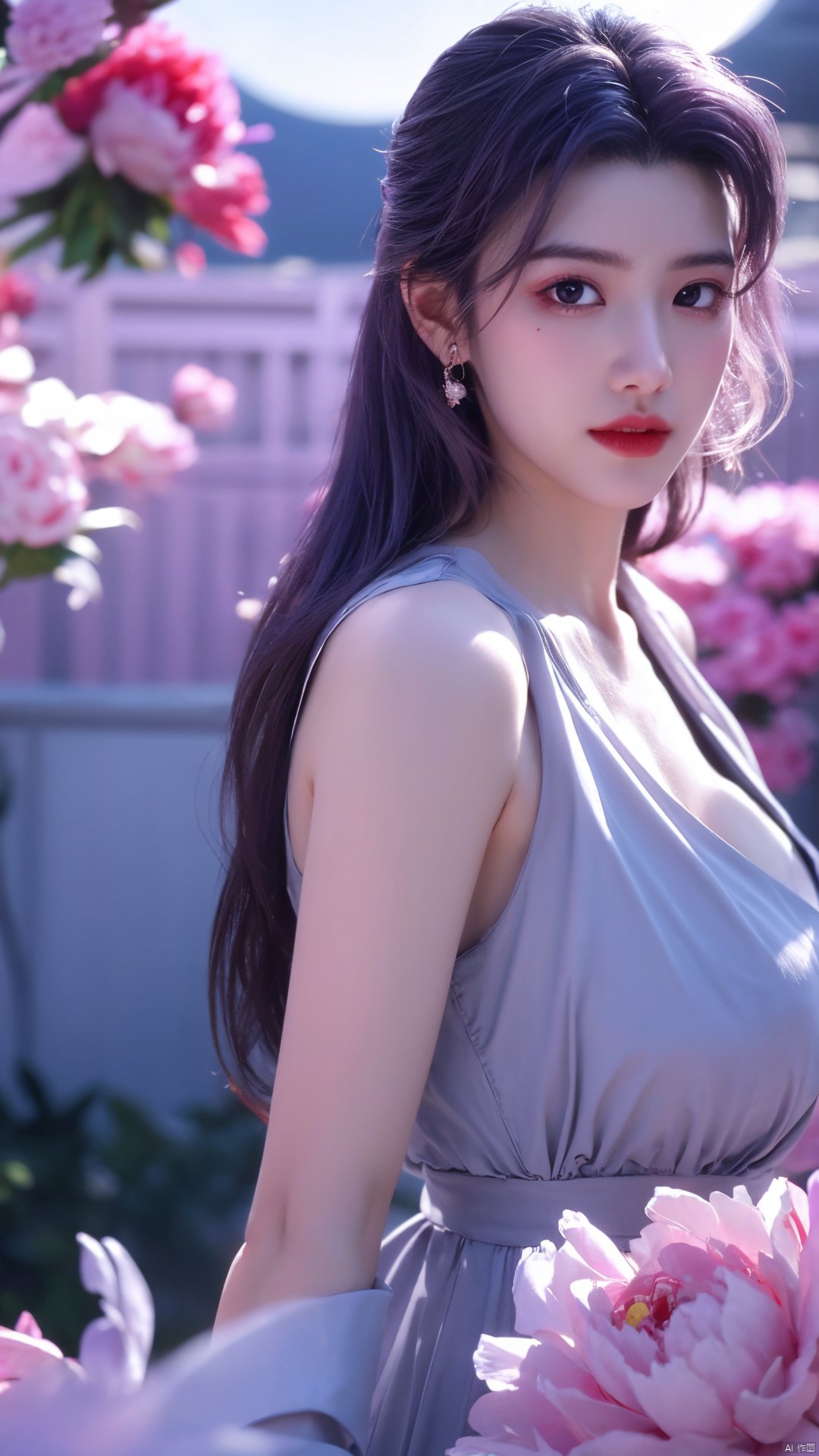  (best quality,masterpiece),Yunxiao_Fairy,1girl,solo,long hair,looking at viewer,jewelry,closed mouth,purple eyes,upper body,purple hair,earrings,blurry,blurry background,sunlight,red lips,(big breasts:1.39),(Peony,full moon:1.39),