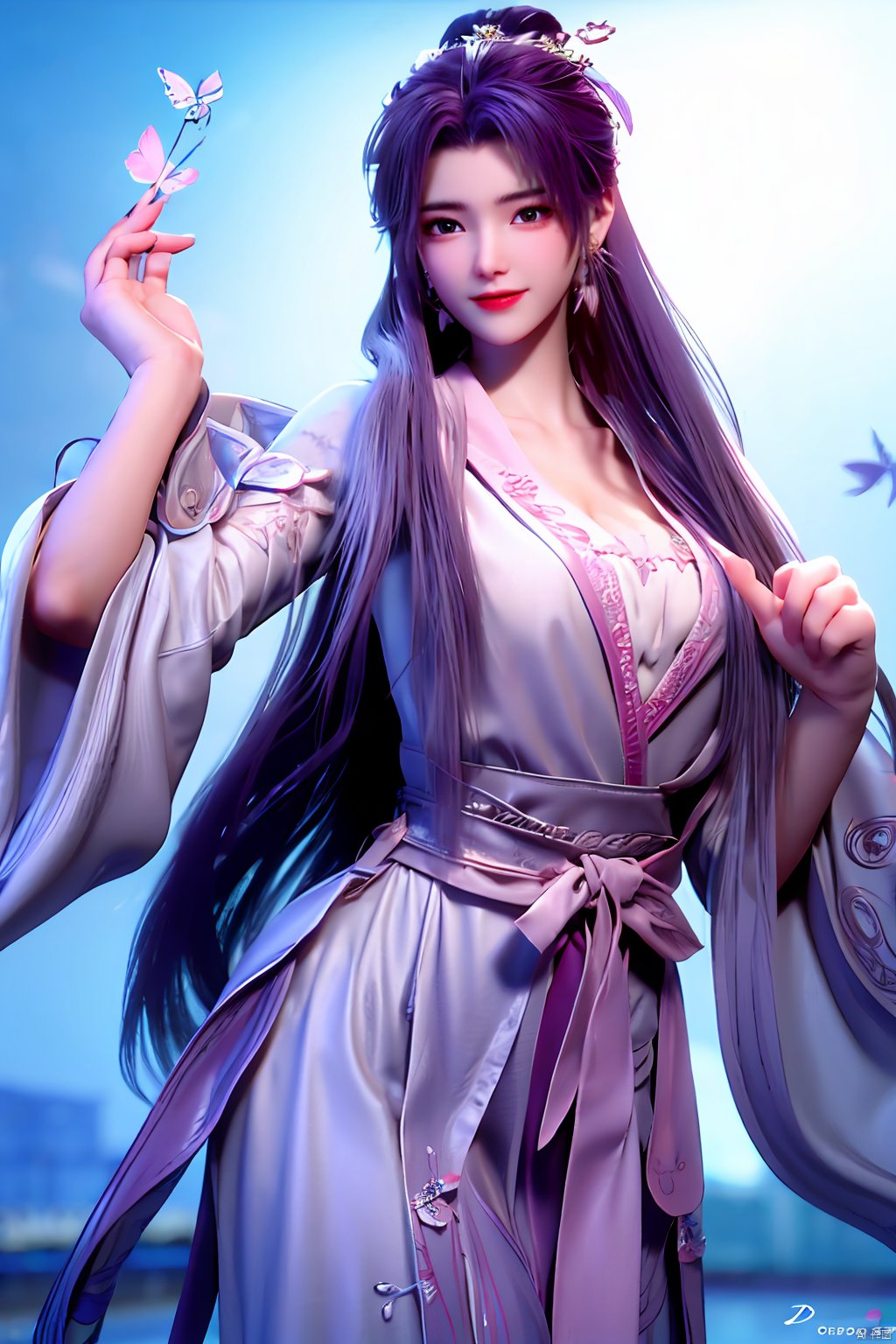  cowboy_shot,(Good structure), DSLR Quality,Depth of field,kind smile,looking_at_viewer,Dynamic pose, 
yunxiao, 1girl, purple hair, long hair, hair ornament, , solo, dress, earrings, jewelry, hair bun, Yunxiao_Fairy, hanfu, Water_butterfly