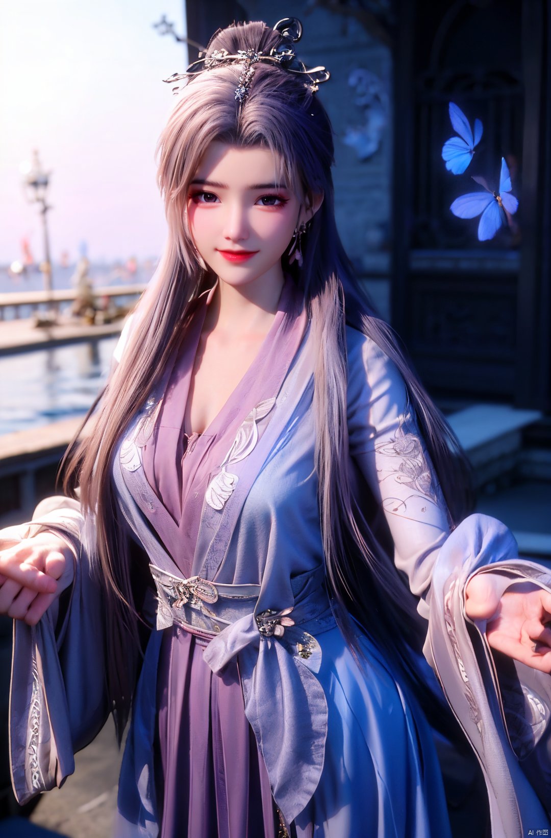  cowboy_shot,(Good structure), DSLR Quality,Depth of field,kind smile,looking_at_viewer,Dynamic pose, 
yunxiao, 1girl, purple hair, long hair, hair ornament, , solo, dress, earrings, jewelry, hair bun, Yunxiao_Fairy, hanfu, Water_butterfly