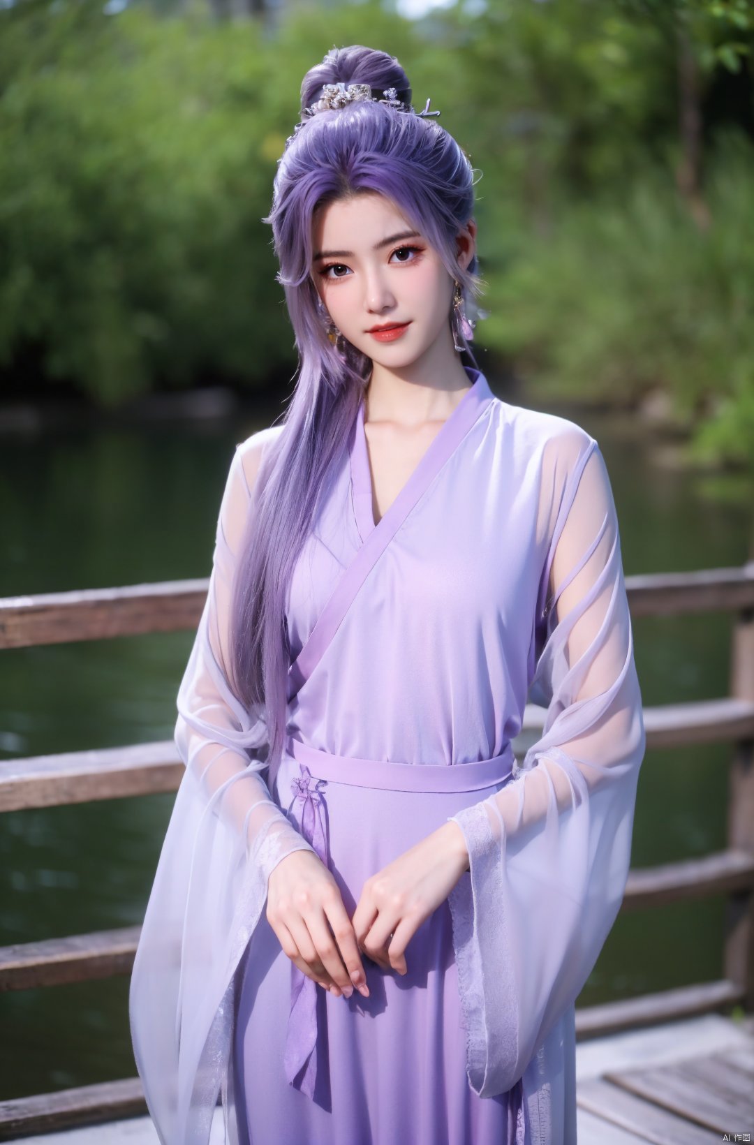  cowboy_shot,(Good structure), DSLR Quality,Depth of field,kind smile,looking_at_viewer,Dynamic pose, 
yunxiao, 1girl, purple hair, long hair, hair ornament, , solo, dress, earrings, jewelry, hair bun, Yunxiao_Fairy, hanfu, Water_butterfly