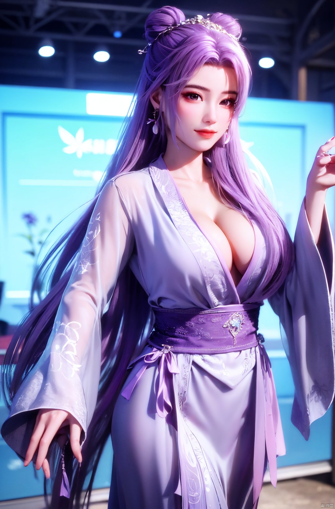  cowboy_shot,(Good structure), DSLR Quality,Depth of field,kind smile,looking_at_viewer,Dynamic pose, 
yunxiao, 1girl, purple hair, long hair, hair ornament, , solo, dress, earrings, jewelry, hair bun, Yunxiao_Fairy, hanfu, Water_butterfly