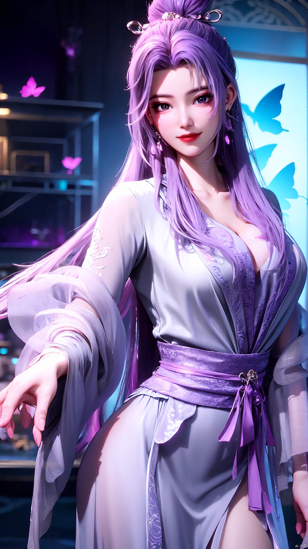  cowboy_shot,(Good structure), DSLR Quality,Depth of field,kind smile,looking_at_viewer,Dynamic pose, 
yunxiao, 1girl, purple hair, long hair, hair ornament, , solo, dress, earrings, jewelry, hair bun, Yunxiao_Fairy, hanfu, Water_butterfly